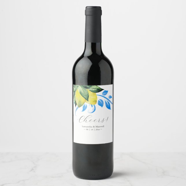 Custom Wine Labels Lemons Blue and Yellow (Front)
