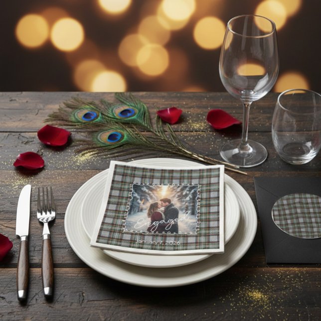 Custom Winter Engagement Photo Card with Tartan  Napkin (Creator Uploaded)