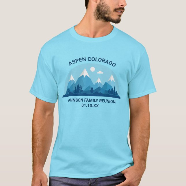 Custom Winter Family Reunion Blue Snowy Mountain T-Shirt (Front)