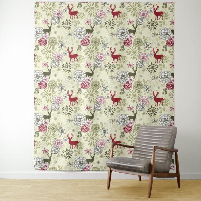Custom Winter Floral With Deer Wall Tapestry (In Situ)