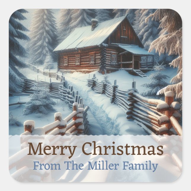 Custom Winter Log Cabin on a Snowy Day Christmas Square Sticker (Front)
