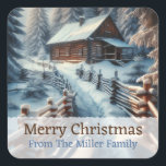 Custom Winter Log Cabin on a Snowy Day Christmas Square Sticker<br><div class="desc">Personalised family name Christmas stickers. A pretty watercolor style ai art depiction of a log cabin in the snowy woods.</div>