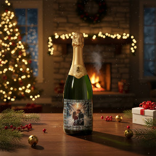 Custom Winter Tartan Engagement Photo Champagne Sparkling Wine Label