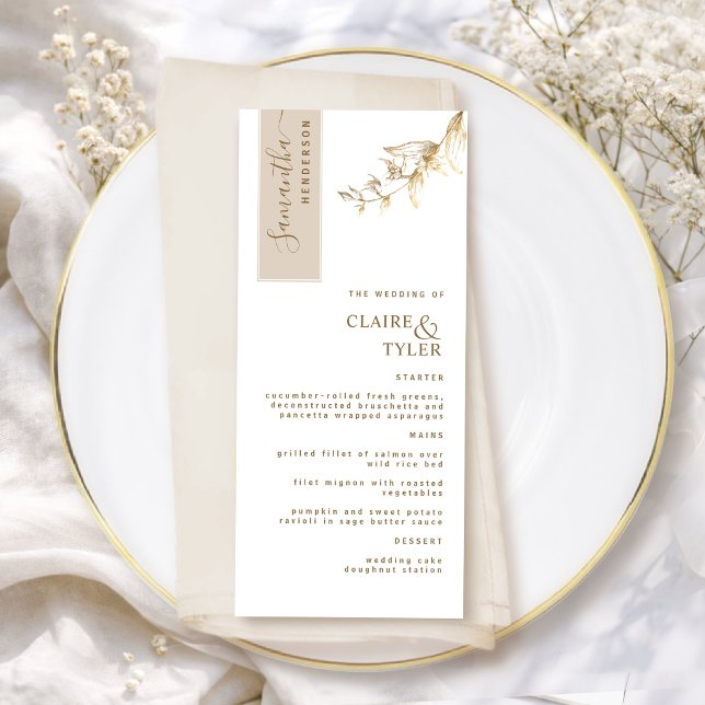 Custom with Guest Name Beige and Gold Wedding Menu (Creator Uploaded)