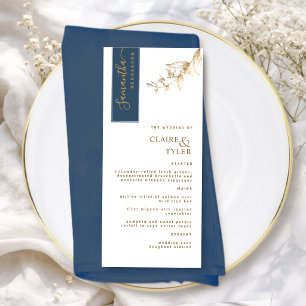 Custom with Guest Name Deep Blue and Gold Wedding Menu
