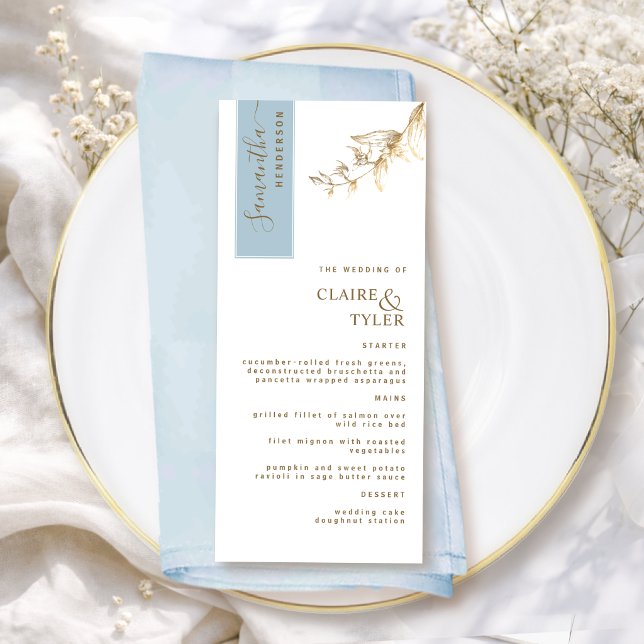 Custom with Guest Name Dusty Blue and Gold Wedding Menu (Creator Uploaded)