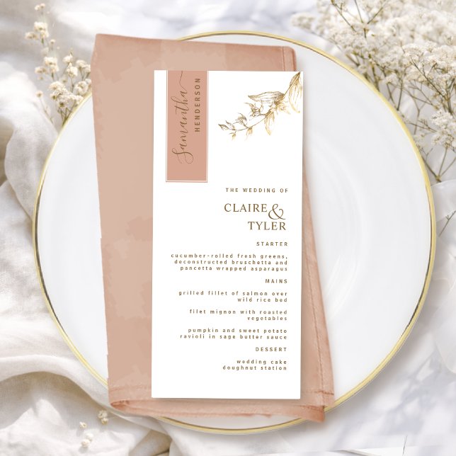 Custom with Guest Name Earthy Peach, Gold Wedding Menu (Creator Uploaded)