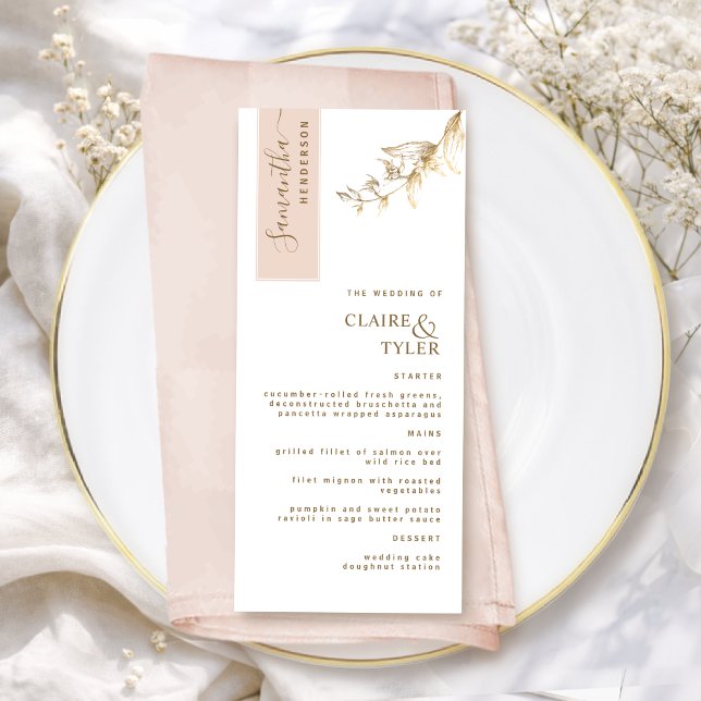 Custom with Guest Name Peach and Gold Wedding Menu (Creator Uploaded)