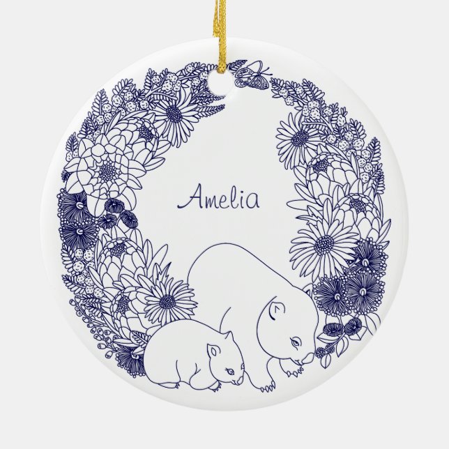 Custom Wombat Christmas Blue Ceramic Tree Decoration (Back)
