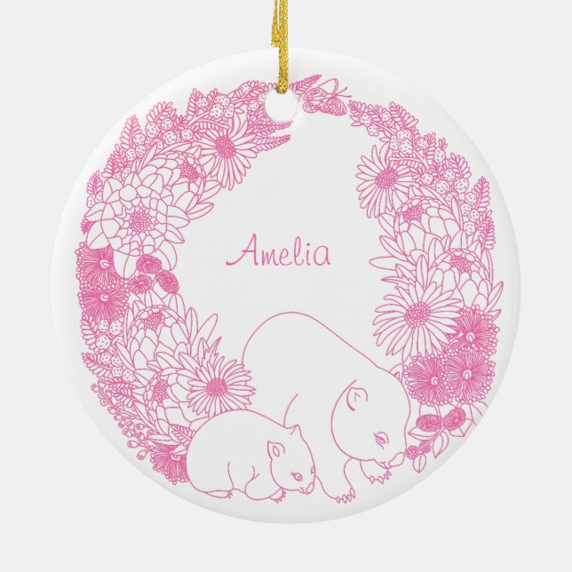 Custom Wombat Christmas Pink Ceramic Tree Decoration (Back)