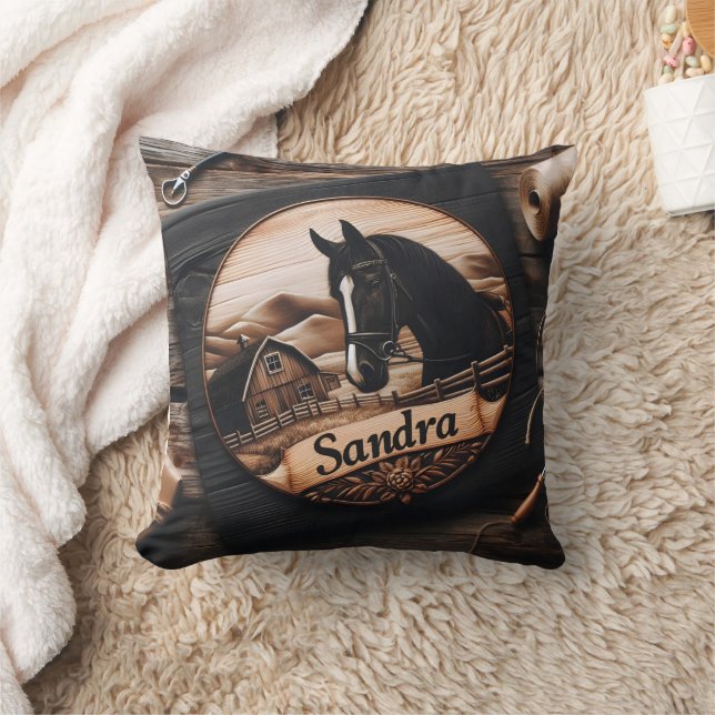Custom Wood Carving of Horse and Barn Cushion (Blanket)