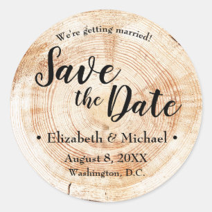 Custom Wood Cut disc rustic Wedding Save the date Classic Round Sticker