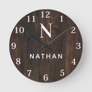 Custom Wood Texture Name Monogram Round Clock