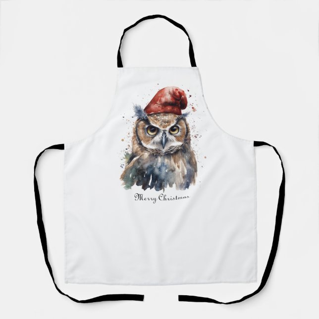Custom Woodland Christmas Watercolor Owl Santa Hat Apron (Front)