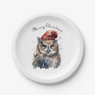 Custom Woodland Christmas Watercolor Owl Santa Hat Paper Plate