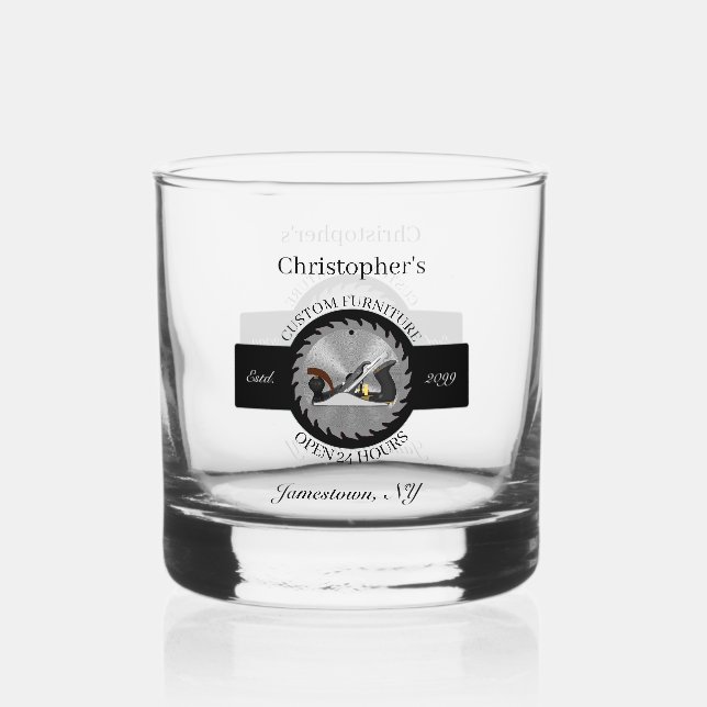 Custom Woodwork Saw Blade Plane Drinkware Rocks Whiskey Glass (Front)