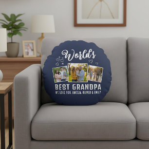 Custom World's Best Grandpa 3 Photo Round Cushion