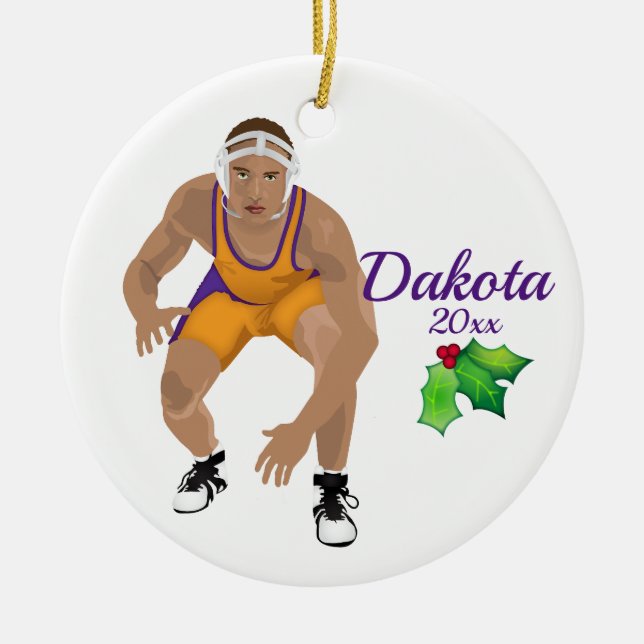 Custom Wrestling Christmas Ornament Gold - Purple (Front)