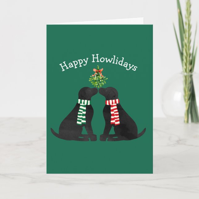 Custom Xmas Black Labs Kissing Mistletoe Holiday Card (Front)