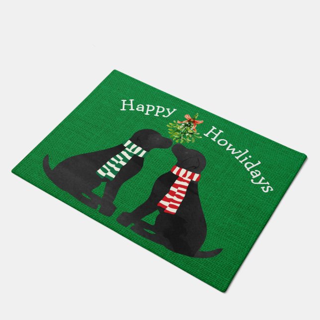 Custom Xmas Black Labs Mistletoe Green Burlap Doormat (Angled)