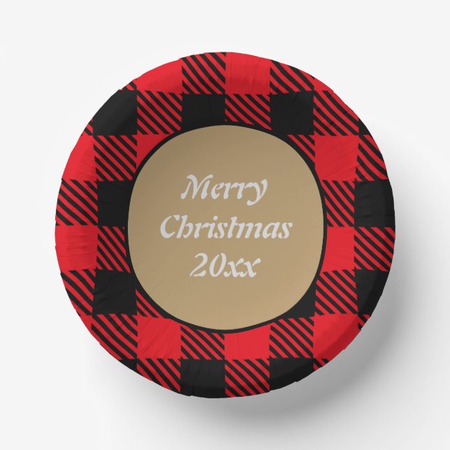 Custom Xmas plaid black and red pattern tartan Paper Plate (Front)