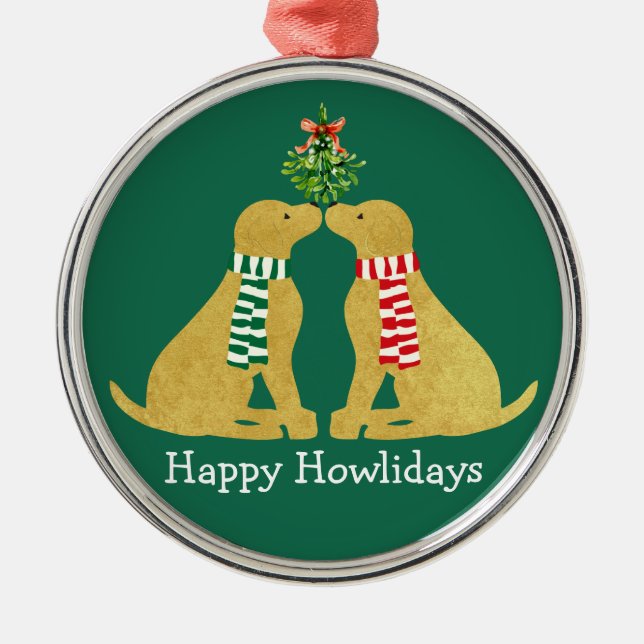 Custom Xmas Yellow Labs Kissing Mistletoe Metal Tree Decoration (Front)