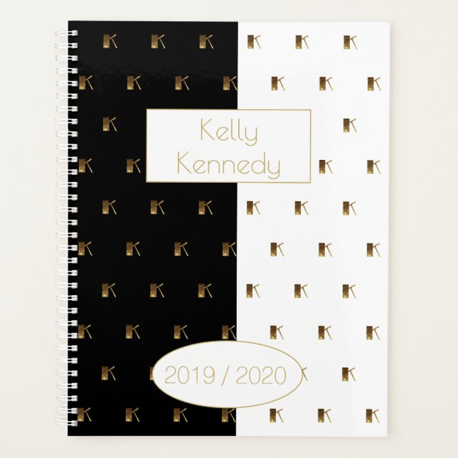 Custom Year 2019 2020 Black White Gold Monogram K Planner (Front)