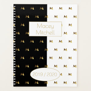Custom Year 2019 2020 Black White Gold Monogram M Planner