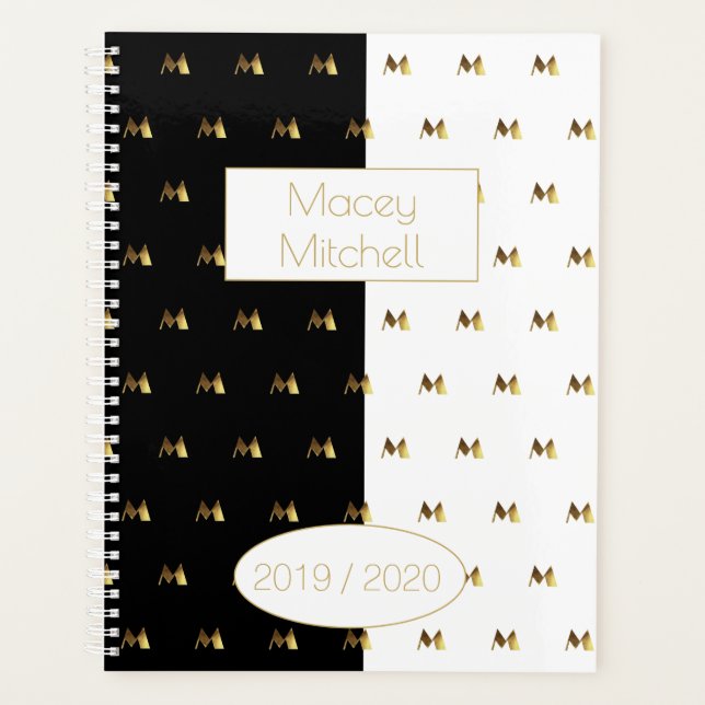 Custom Year 2019 2020 Black White Gold Monogram M Planner (Front)