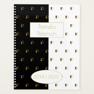 Custom Year 2019 2020 Black White Gold Monogram P Planner