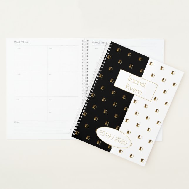 Custom Year 2019 2020 Black White Gold Monogram R Planner (Display)