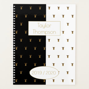 Custom Year 2019 2020 Black White Gold Monogram T Planner