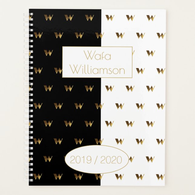 Custom Year 2019 2020 Black White Gold Monogram W Planner (Front)