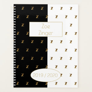 Custom Year 2019 2020 Black White Gold Monogram Z Planner
