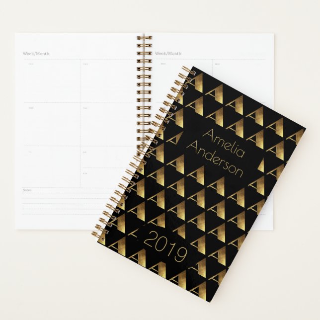 Custom Year 2019 Black Gold Monogram A Elegant Planner (Display)
