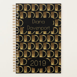 Custom Year 2019 Black Gold Monogram D Elegant Planner