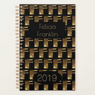 Custom Year 2019 Black Gold Monogram F Elegant Planner