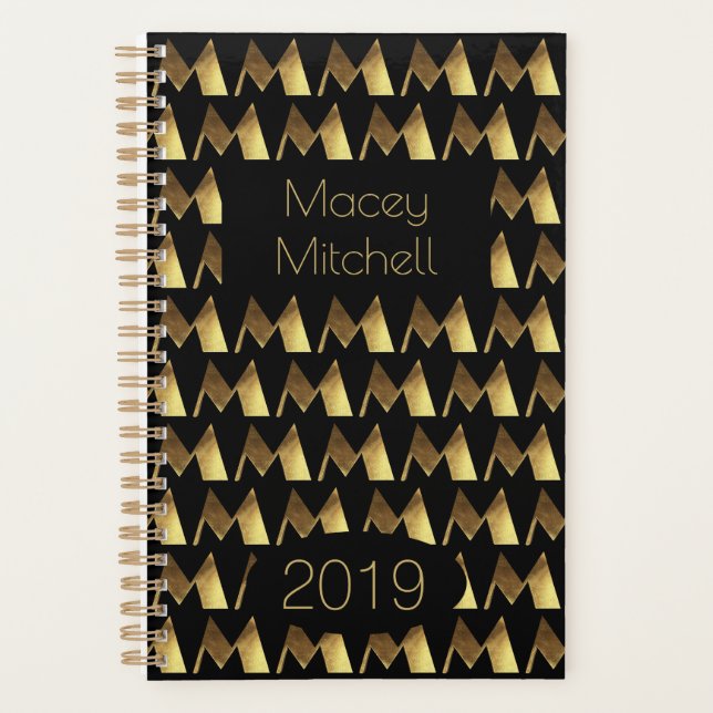 Custom Year 2019 Black Gold Monogram M Elegant Planner (Front)