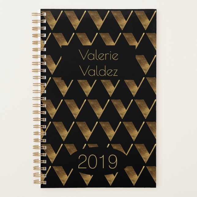 Custom Year 2019 Black Gold Monogram V Elegant Planner (Front)