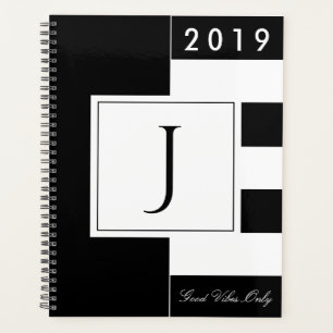 Custom Year 2019 Monogram Black and White Modern Planner