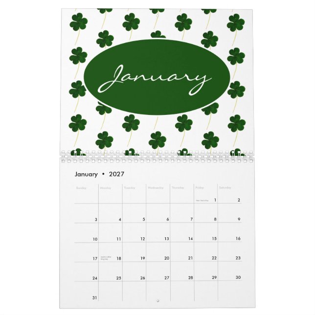 Custom Year 2024 Irish Shamrock Pattern Clovers Calendar (Jan 2027)