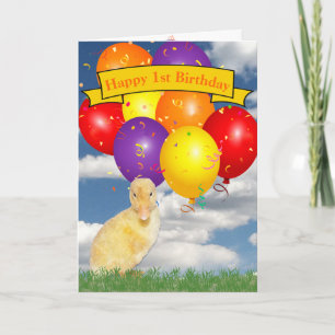 Custom Year Birthday Duckling Colorful Balloons Card