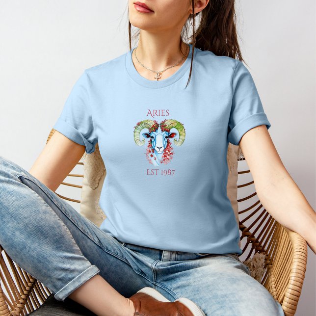 Custom Year Floral Aries T-Shirt  (Show off your Aries pride with this stylish floral ram design! Perfectly customizable.)