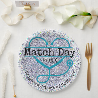 Custom Year Match Day Blue Glitter Stethoscope Paper Plate