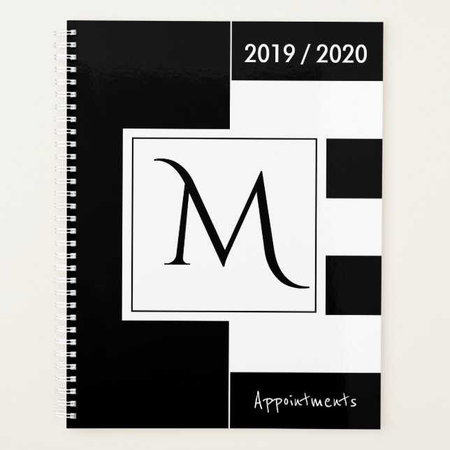 Custom Year Monogrammed Black and White Elegant Planner (Front)