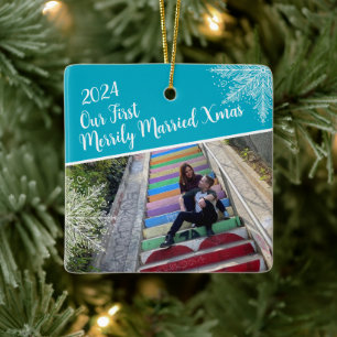 Custom Year Our First Merrily Married Xmas Photo Ceramic Ornament