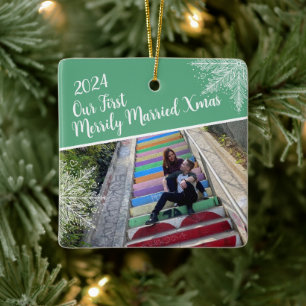 Custom Year Our First Merrily Married Xmas Photo Ceramic Ornament