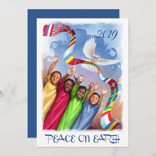 Custom Year | Peace on Earth | Multicultural Kids  Holiday Card (Front/Back)