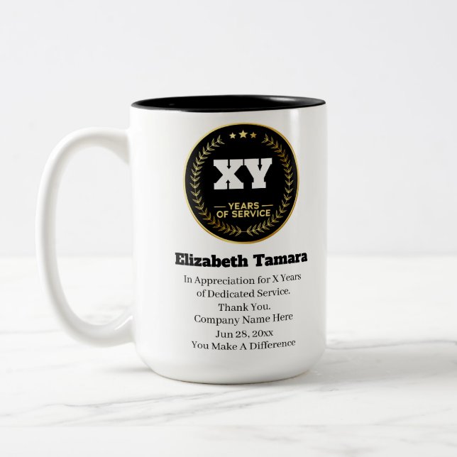 Custom Year Work Anniversary Employee Appreciation Two-Tone Coffee Mug (Left)
