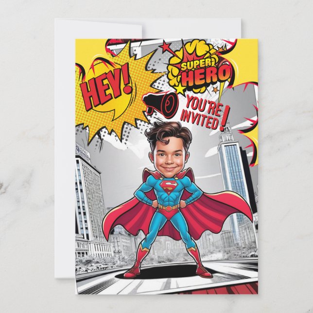 Custom Yellow and Red Superhero caricature Invitation (Front)